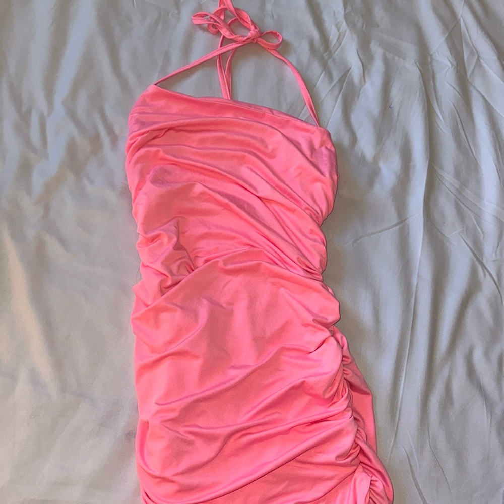 Pink Ruched Halter mini dress
